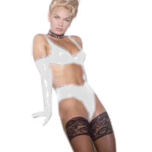 Conjunto de lencería de vinilo sexy de PVC para mujer, traje de bikini + pantalón + guantes, color plateado, M