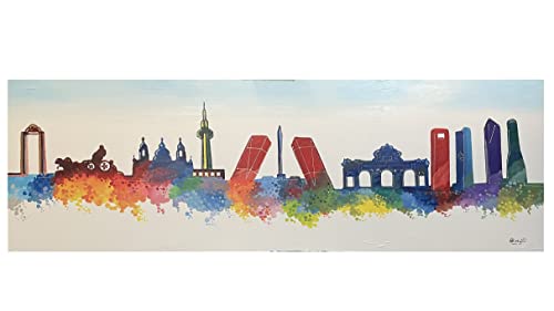 Colorido Cuadro Skyline de Madrid pintado a mano, obra original. 150x50cm