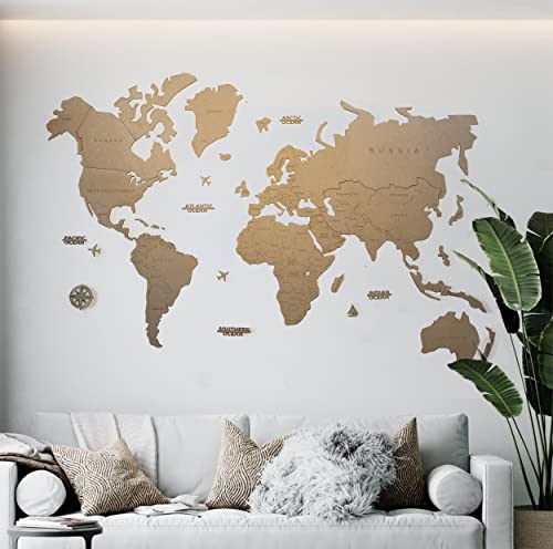 MISS MAPS Mapamundi de madera 3D grande para pared. Mapa para marcar viajes y decoración para viajeros. Multicapa de madera prensada nombres grabados (100x60cm, Natural)