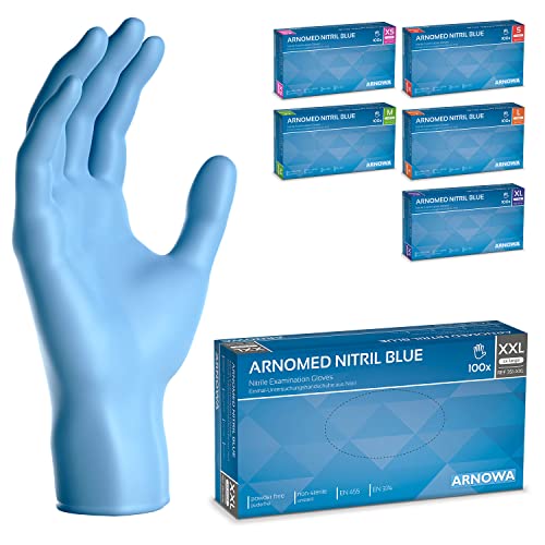 ARNOMED Guantes nitrilo talla XXL, guantes de nitrilo azules, caja guantes nitrilo 100 unidades, guantes nitrilo desechables para mecanico, guantes de nitrilo sin polvo, tallas XS, S, M, L, XL y XXL