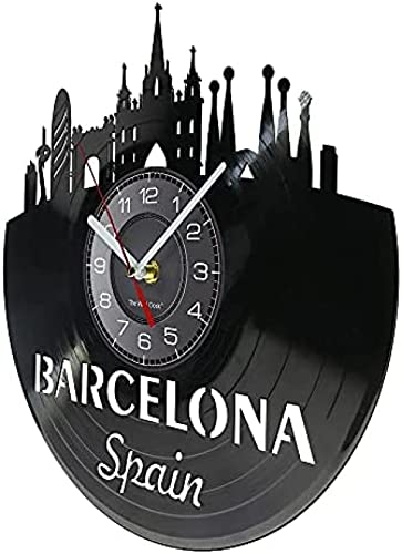 AGlitw Disco de Vinilo Relojes de Pared España Barcelona Skyline Cut Reloj de Pared Sagrada Familia Capital Cityscape Iluminado Reloj de Pared Regalo para viajeros Reloj LED Regalos