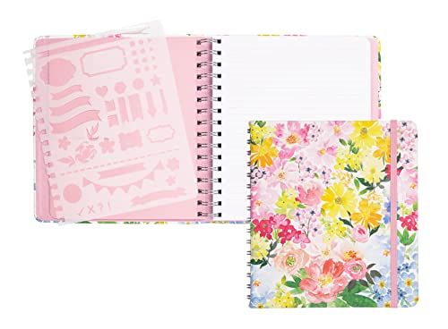 Steel Mill & Co - Diario de escritura y dibujo, bonito cuaderno floral en espiral con 160 páginas a rayas, diario de arte con plantilla reutilizable, jardín de verano
