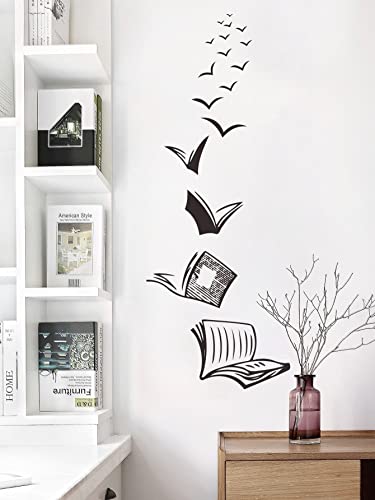 WandSticker4U® - Adhesivo decorativo para pared, diseño de libro volador, color negro, 38 x 110 cm, para habitación juvenil, niña y joven, lectura fresca, para pared, adolescente, habitación