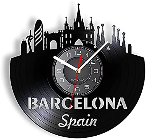 AGlitw Disco de Vinilo Relojes de Pared España Barcelona Skyline Cut Reloj de Pared Sagrada Familia Capital Paisaje Urbano Reloj de Pared Regalo de los viajeros Reloj Regalos