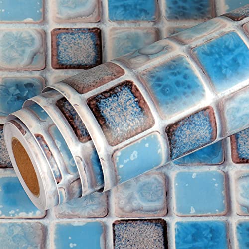 Livelynine Azulejos Adhesivos Cocina Vinilos Azulejos Azul Impermeable Vinilos Baño Azulejos Decorativos Panel Revestimiento Ducha Vinilo Cocina Azulejos Mosaico 40CMX2M