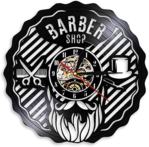 hxjie Signo de barbería decoración de Pared Reloj Barba Caballero Kit de peluquería Disco de Vinilo Vintage Reloj de Pared Regalo de peluquería con Led
