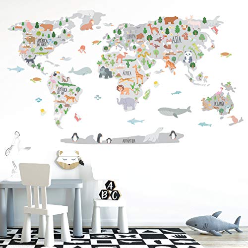 StarStick - Mapa mundi con dibujos de animales - Tonos gris - Vinilos decorativos de pared - T2 - Mediano