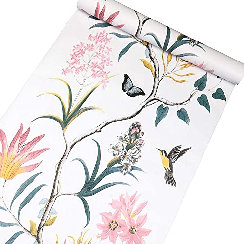Vinilo autoadhesivo Vintage Floral Birds Muebles Etiqueta de papel tapiz de papel para paredes Cocina Backsplash Gabinetes Estantes Cómoda Cajón Decoración de mesa Extraíble Impermeable 45CMx3M