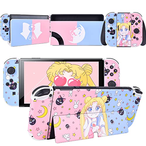 DLseego Pegatina Compatible con Switch OLED, Juego Completo de Calcomanías de Placa Frontal para Switch OLED Consola y Controlador Joy-con y Base, Azul y Rosa Sailor Moon