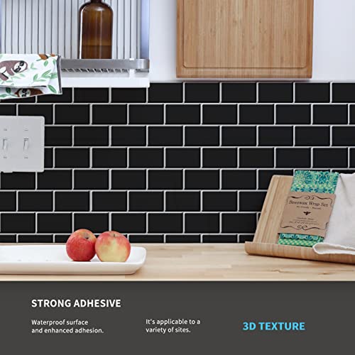 Art3d 10 Piezas Negro Azulejos Adhesivos Cocina, Azulejos de Vinilo Baño, Azulejos Decorativos 3D, Vinilo Azulejos 3D (30x30cm)