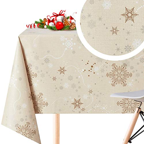 KP HOME - Mantel de policloruro de vinilo, hule, impermeable, para mesa rectangular, estampado de Navidad, hasta 8 asientos, 250 x 140 cm, tamaño grande, color beis
