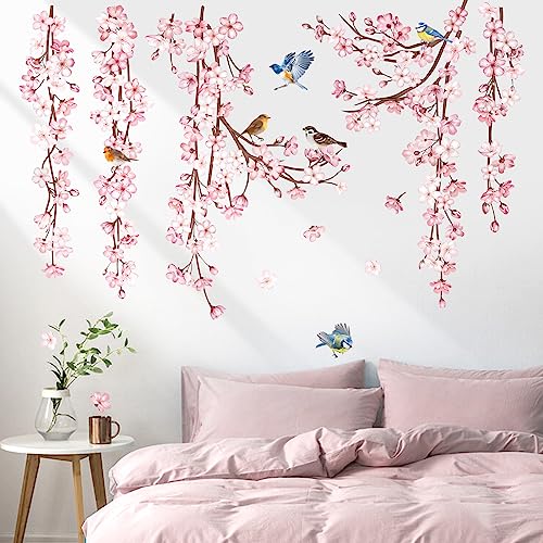decalmile Pegatinas de Pared Flor de Cerezo Rosa Vinilos Decorativos Flores Colgantes Pájaros en Rama Adhesivos Pared Dormitorio Salón Oficina Ventana